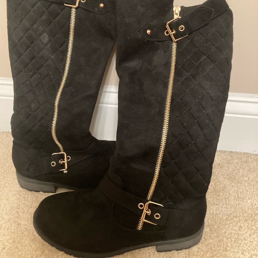 Black faux suede Gold zipper and buckle boots